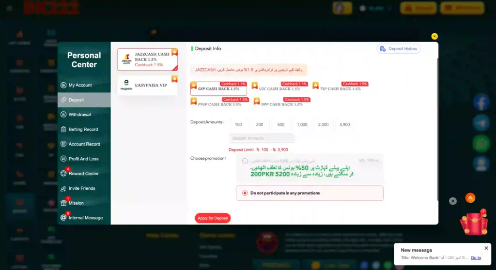 dk 222 game deposit section