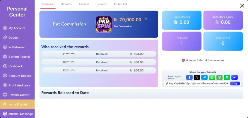 Referral rewards and bonuses of pkr spin game